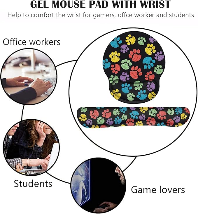 Keyboard Wrist Rest and Mouse Pad Wrist Support Set with Coasters, Non-Slip PU Base Ergonomic Gaming Mousepad for Home Office Working Studying Easy Typing & Pain Relief, Colorful Dog Paw Print