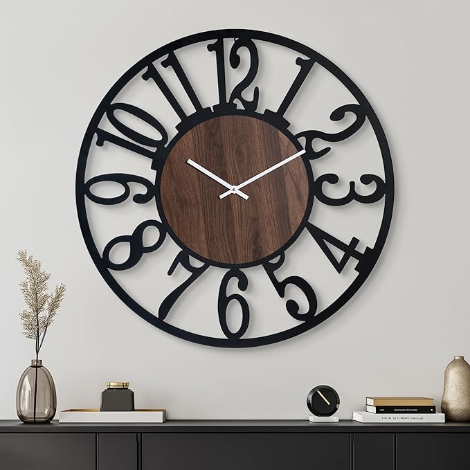 Casaformia 32'' Large Silent Wall Clock with Night Light, Glow in The Dark Decorative Wall Clock Battery Operated, Rustic Modern Metal & Wood Clocks for Bedroom Living Room Decor, Arabic Numerals
