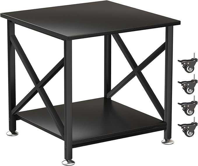 TQQDCI Printer Stand, 23.6 x 23.6 Inches Large Printer Stand with Storage Shelf, 2 Tier Printer Table for Home Office, Rolling Printer Cart with Industrial Wheels, Mini Fridge Stand Table, Black
