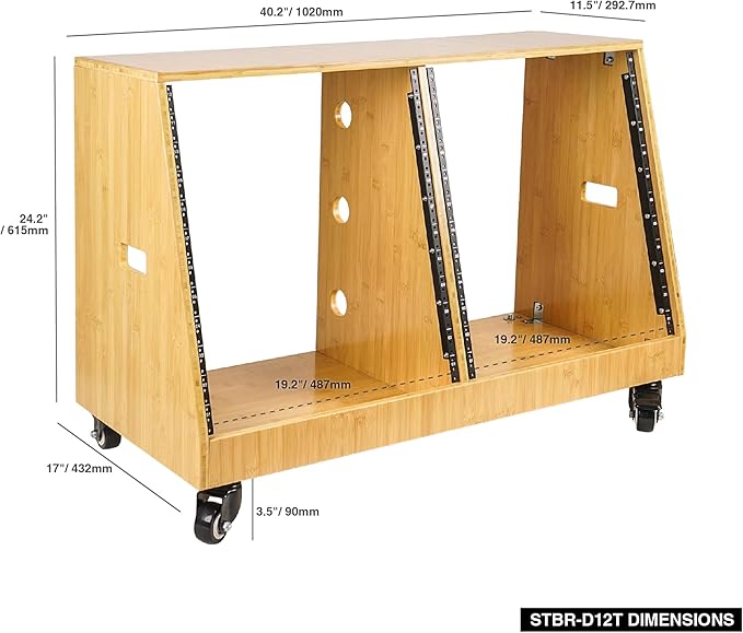 Sound Town DIY 2 x 12U Slanted Studio Rack with Solid Carbonized Bamboo, Casters, for Recording Room, Home Studio (STBR-D12T)
