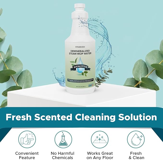 Steam and Go Demineralized Water - Multi-Surface Cleaning Solution for Steam Mop, Ready-to-Use Floor Cleaner, Ideal for Home & Office, Compatible w/Any Steam Mop - Eucalyptus Mint, 32oz, Pack of 12