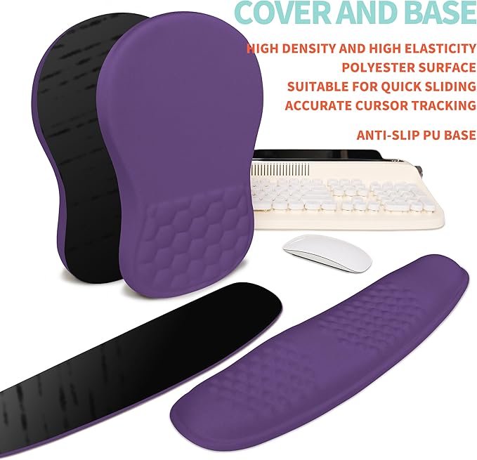 KUOSGM 2-in-1 Ergonomic Set, Wave Rise Keyboard Wrist Rest and Massage Bulge Slope Mouse Pad Wrist Support, Cushion Memory Foam Integrated to Relieve Wrist Pain, Dark Purple