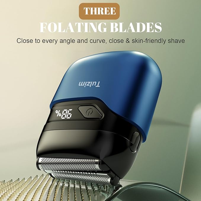 Tulzim Electric Foil Shaver for Men: Portable Electric Razor for Beard/Face, 3 Floating Blade LED Display USB-C Fast Rechargeable, IPX7 Waterproof for Travel & Home,Light Blue