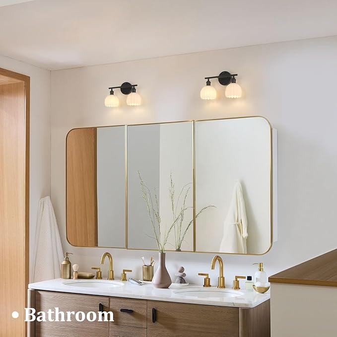 Shenmoyl Bathroom Light Fixtures, 2-Light Black Vanity Wall Light Over Mirror with White Tulip Glass Shade for Bedroom Living Room (Bulb Not Included)