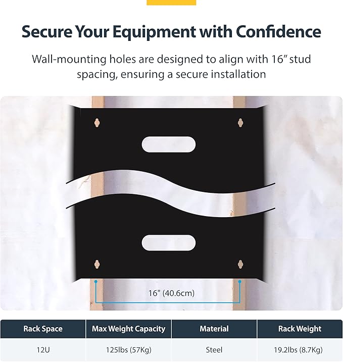 StarTech.com 12U Wall Mount Patch Panel Bracket - 13.75 in. (34.93 cm) Max. Mounting Depth - 19" Patch Panel Rack for Shallow Network Equipment- 125lbs Capacity, TAA (WALLMNT12)