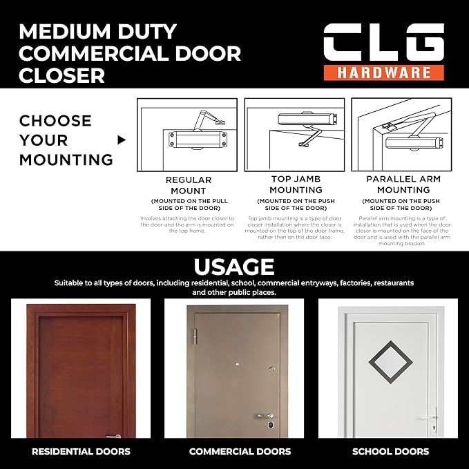 CLG HARDWARE DC6003 Medium Duty Commercial Door Closer - Surface Mounted, Automatic Door Closer, Cast Aluminum - UL 3 Hour Fire Rated, Size 3 for Residential & Light Commercial Doors - US26D Aluminum
