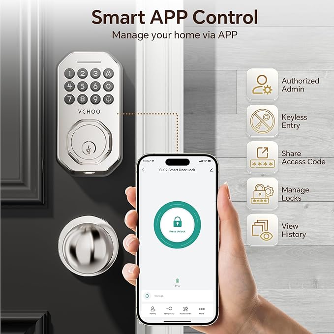 VCHOO Keyless Entry Door Lock Set Smart Locks for Front Keypad Door Lock with Handle Automatic Lock One Time Password Anti Peeping Password IP54, Satin Nickel