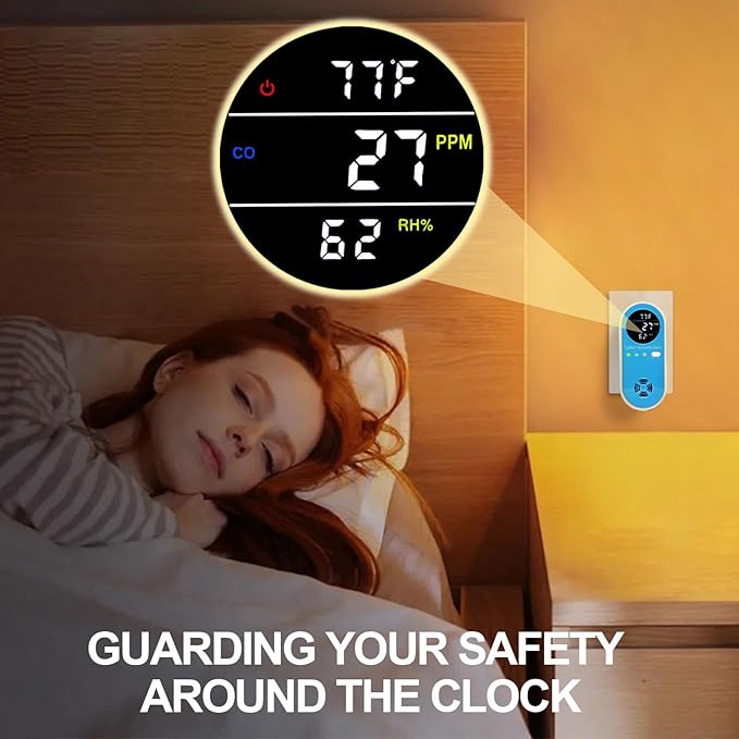 Vzmcov Plug-in Carbon Monoxide Detector with Real-Time CO Display & Temperature/Humidity Monitor, Plug-in CO Alarm for Home, RV, Apartment, Indoor Air Safety 2-Pack
