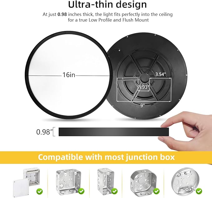 RLEDPZTX Led Flush Mount Ceiling Light,16 Inch 32w 3480lm,3000k/4000k/6000k 3CCT Selectable, Round Modern Flat Panel Super Slim Led Ceiling Light,for Living Dining Kitchen Bedroom Room (4Pack-Black)
