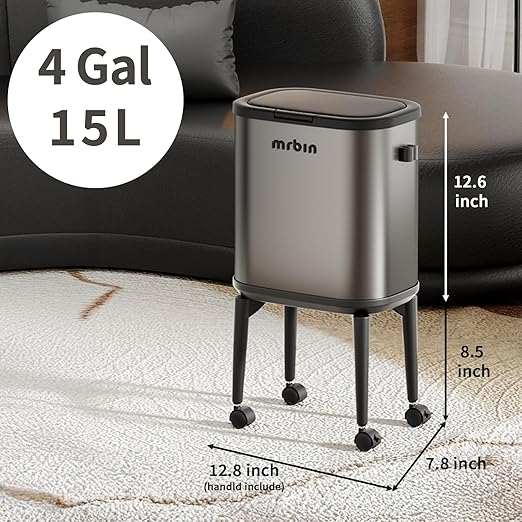 MRBIN Stainless Steel Slim Bathroom Trash Can with Legs and Wheels, 15L / 4gal Toilet Press Lid Waste Basket, Covered Office Garbage Pail for Near Desk, Narrow Vanity, Rvs, Kitchen, Eclipse Grey