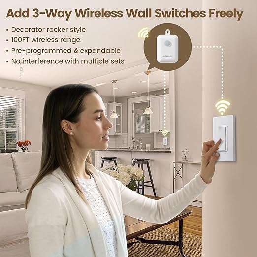 SURAIELEC 3-Way Wireless Remote Control Light Switch & Receiver Kit, 15A RF Wall Switch, 100ft Range, Ultra-Thin Design, Push-in Wiring, Expandable System for Lighting, Lamp (Neutral Wire Required)