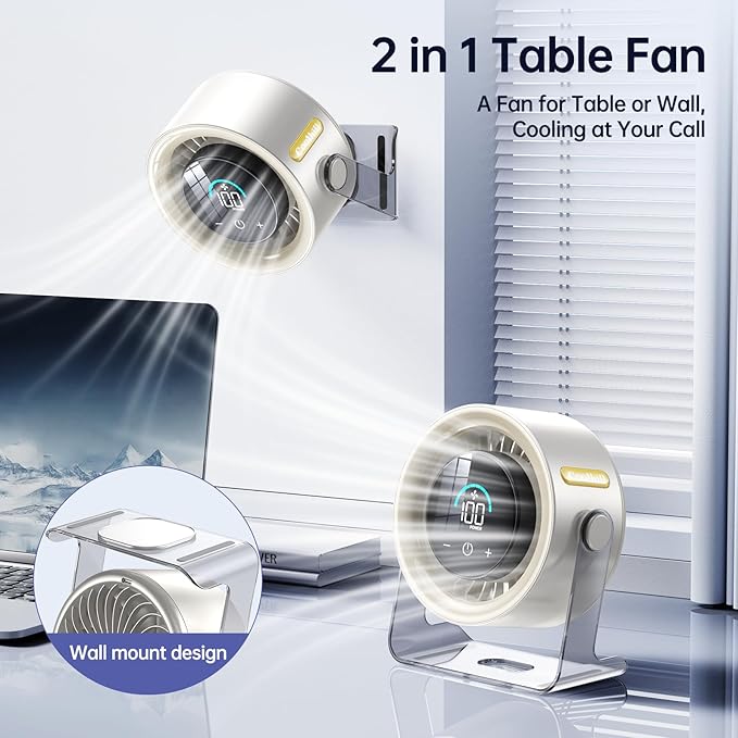 Coolhill USB Desk Fan for Bedroom: 100 Speeds Digital Display Quiet Table Fan with Turbo Airflow, 120° Rotating Small Rechargeable Battery Desktop Fans for Bedroom Home Office (White)