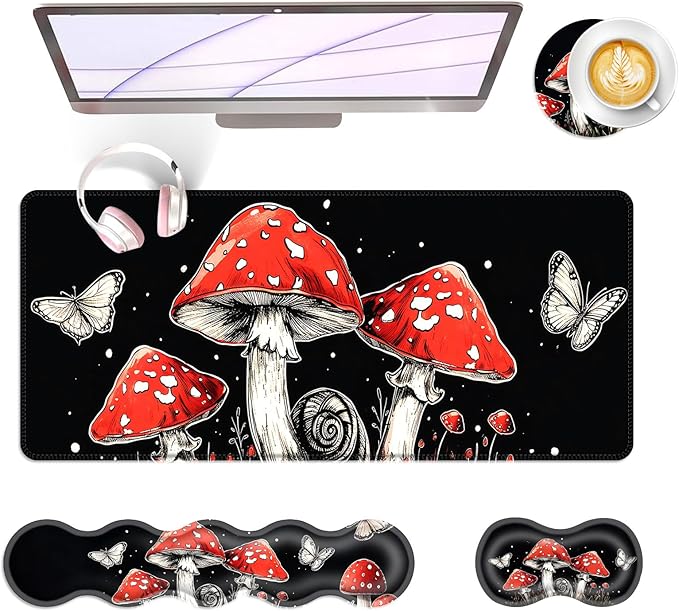BFUKVOU Large Keyboard Mouse Pad Set, Extended Mouse Pad+Keyboard Wrist Rest Support, Memory Foam Ergonomic Easy Typing, 4Pcs (31.5×11.8 in) Desk Pad Set for Office Home,Mushrooms and Butterflies
