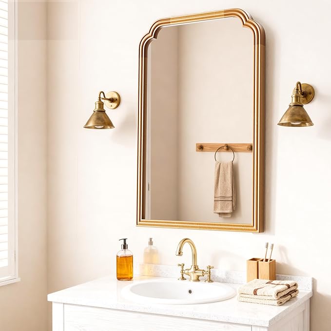 Wood Frame Wall Mirror for Bathroom, Rounded Corner Arch Rectangle Mirror for Entryway, Living Room or Bedroom Home Decor - Light Woodgrain [20" x 30" Natural Color]