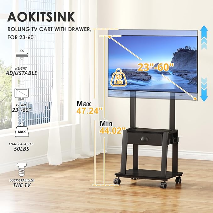 Mobile TV Stand with Drawer for 23-60 Inch Flat/Curved Screen,Tilt Rolling TV Cart on Wheels with 2 Shelves Adjustable Height Portable TV Stand Holds up to 50 lbs for Indoor Outdoor Max VESA 400x400mm