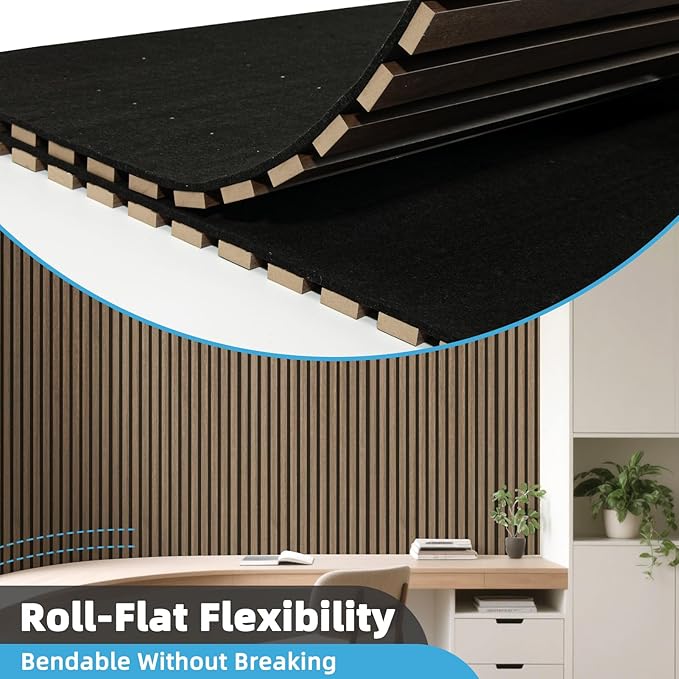 Art3d 2-Pack Acoustic Wood Slat Wall Panel with Roll-Flat Design - 95.3 x 23.8 Inch Sound Absorbing Panels for Living Room Columns Corridor Curved Wall Decor, Ebony