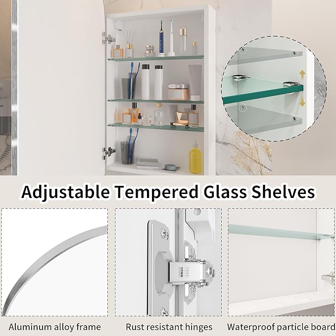Silver Medicine Cabinet with Mirror,Arched Bathroom Cabinet Left or Right Opening,Wall Mounted Medicine Cabinet,Bathroom Vanity Mirror with Storage,Adjustable Shelves, Not Recessed,16x30 inch