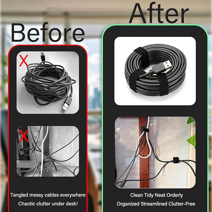 Under Desk Cable Management, Adjustable Hook and Loop Cord Ties, Reusable Wire Organizer, Low-Profile Cable Hider for Cord Management System (20)
