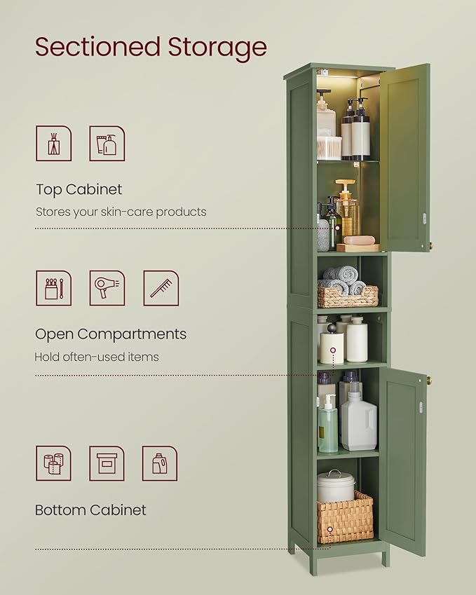 VASAGLE Tall Storage Cabinet with Lights, Slim Freestanding Cabinet with Adjustable Shelves, for Small Spaces, Bathroom, Living Room, Modern, 11.8 Inches Wide, Forest Green UBBC566C01