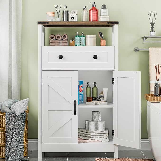 Farmhouse Bathroom Storage Cabinet with Barn Doors, Bathroom Storage Organizer with Drawers, Rustic Freestanding Floor Cabinet for Kitchen, Living Room, White