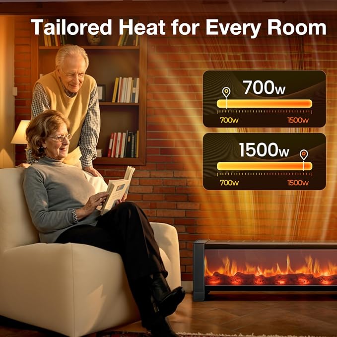 Air Choice 33” Baseboard Heater, 1500W Fireplace Heater with Top Air Outlet, Remote, Adjustable Thermostat, 12H Timer, Overheat&Tip-Over Protection, No Fan Design, Space Heater for Large Room Office