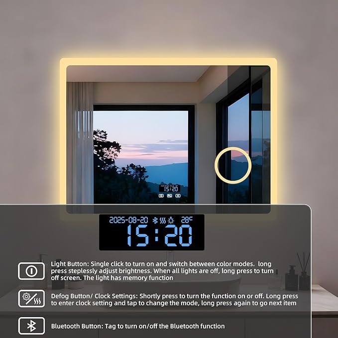 LUVODI LED Bathroom Mirror Rectangle: 32x24 inch Lighted Makeup Vanity with Bluetooth Speaker, Time Display, Magnifier, Anti-Fog, Memory Function, 3 Color Temperature