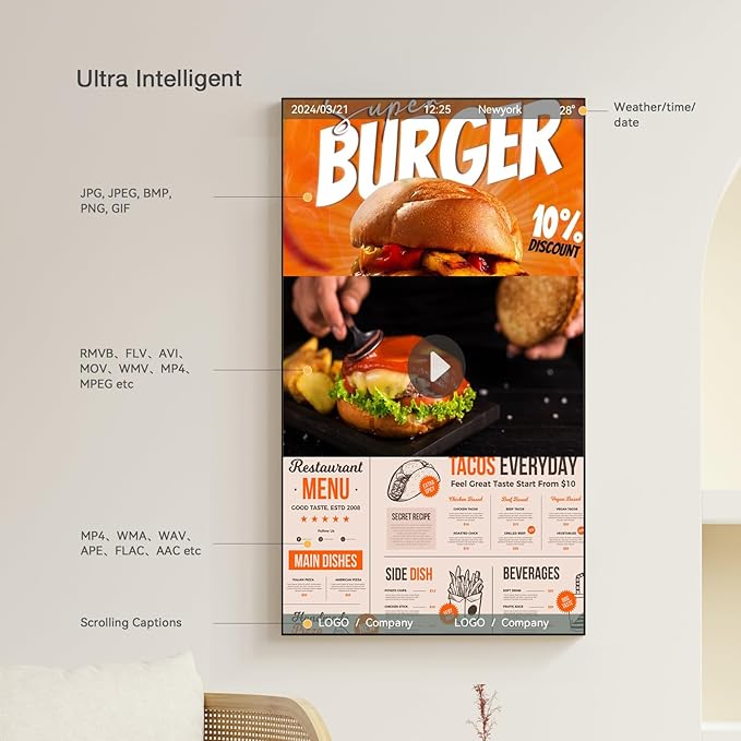 Canlarriz Digital Signage Display 43 inch Wall Mount Digital Menu Board for Restaurants and Stores Monitor 1000 nits Ultra-High Brightness 4KUHD Free Web Content Editor Android 4GB + 32GB