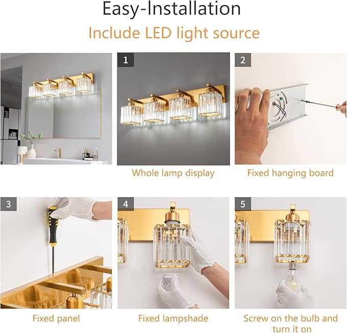 FDPBY Modern Vanity Light 4-Lights Modern Gold Brushed Brass Finish Crystal Wall Light Bathroom Vanity Light Fixtures