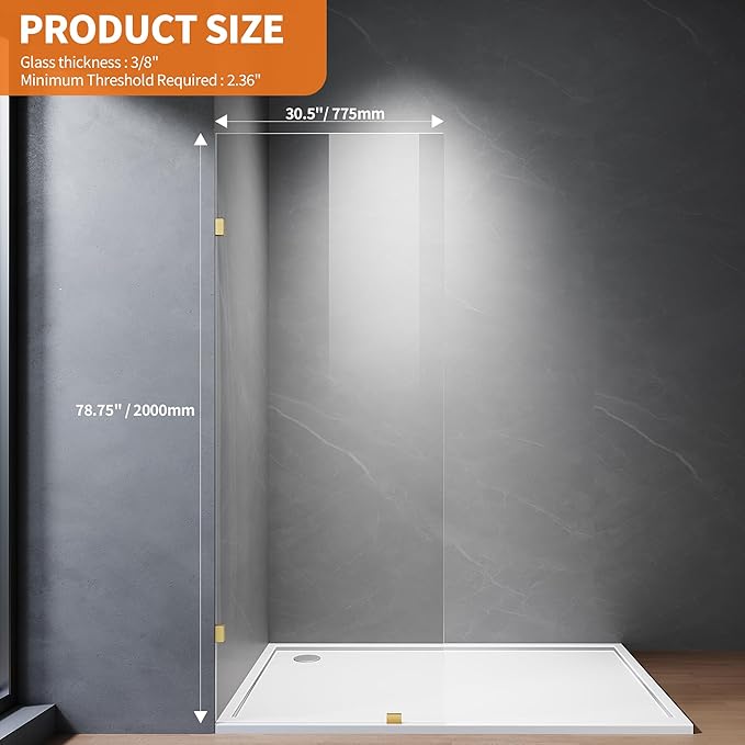 Shower Glass Panel, Fixed Shower Screen Panel with 3/8"(10mm) SGCC Ultra Clear Tempered Glass, Frameless Walk in Shower Door with Easy‑Clean Coating (Bright Gold, 30.5" W x 78.75" H)