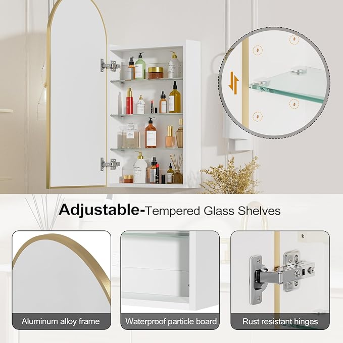 Arched Medicine Cabinet with Mirror,Brushed Gold Medicine Cabinet with Storage ,Gold Bathroom Vanity Mirror Cabinet ,Wall Mounted Only,Mirrored Medicine Cabinets for Bathroom, Laundry Room,16x32 Inch