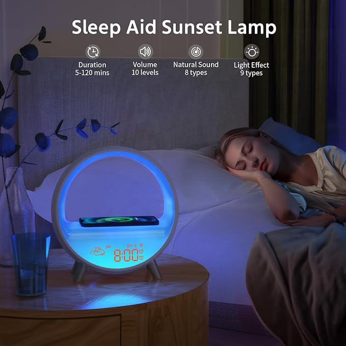 MOMILLA Smart Sunrise Alarm Clock with Wireless Charging, Wake up Light w/Bluetooth Speaker, Compatible with Airpods/iPhone, APP Control White Noise Sound Machine, Alarm Clocks for Bedrooms Adults