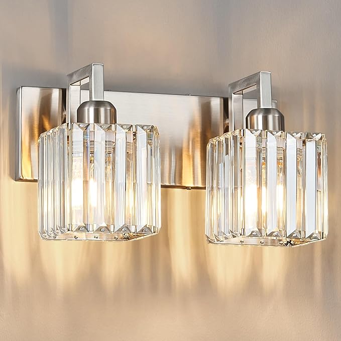 FDPBY Modern Bathroom Vanity Light 2-Lights Brushed Nickel Vanity Light Crystal Wall Light Bathroom Light Fixtures