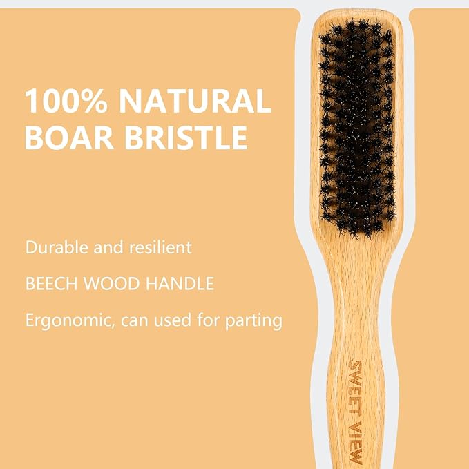 SWEET VIEW Boar Bristle Slick Back Hair Brush for Smooth Flyaways, Frizz, Sleek Ponytail, Buns and Edge Baby Hair, Teasing | Gel Comb Styling Accessories for Girls, Kids and Women