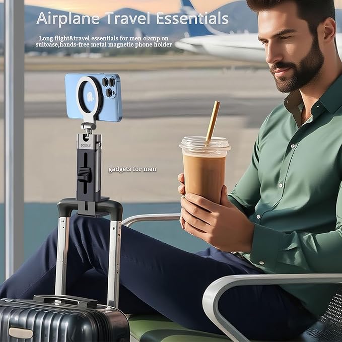 Airplane Travel Essentials Phone Holder,Plane Phone Mount for MagSafe,Foldable Magnetic Phone Stand for Desk 360° Swivel,Universal in Cruise Airplane Travel Gadgets for Men Women for iPhone 17