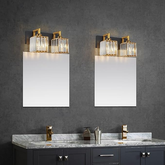 FDPBY Modern Bathroom Vanity Light 2-Lights Black Gold Crystal Wall Lamp Bathroom Modern Crystal Vanity Lighting