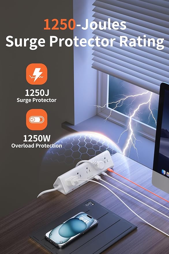 6.5 FT Desk Clamp Power Strip with 5 AC Outlets & 6 USB Ports PD 40W USB-C Fast Charging, 1250J Surge Protector, Fits 2.1 in top Edge White