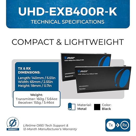 OREI 4K HDMI over Ethernet Extender Balun - HDBaseT UltraHD 4K @ 60Hz 4:4:4 CAT5e/6/7 Cable with HDR, CEC & IR Control, RS-232 Up to 400 Ft Loop Out POC Audio Out (UHD-EXB400R-K)