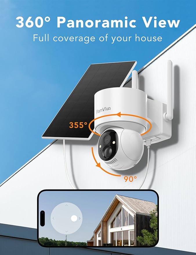 FAMVIVA 2K Solar Security Cameras Wireless Outdoor, 360°PTZ Battery Powered Cameras for Home Security, 2.4G WiFi Outdoor Camera with Color Night Vision, IP66 Waterproof, Motion Sensor Alarm, White