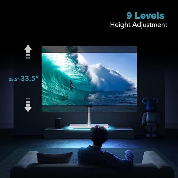 LLDEPLL Universal TV Stand Tabletop TV Mount with Power Outlet for 50-90 Inch OLED LED Monitors, 9 Levels Height Adjustment, Ambient Lighting on The Bottom Holds up to 150lbs, White Max Vesa 600x400mm