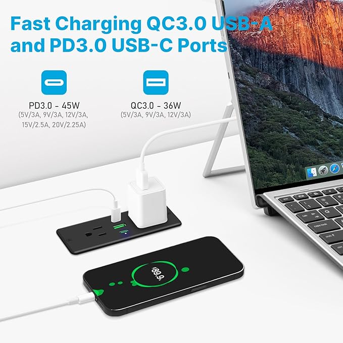 CCCEI Recessed Power Strip with Outlet and 45W USB C Ports, Furniture Flush Mount Power Strip, Small Desk Hidden Outlet for Conference Table, Nightstand, Black, 10FT.