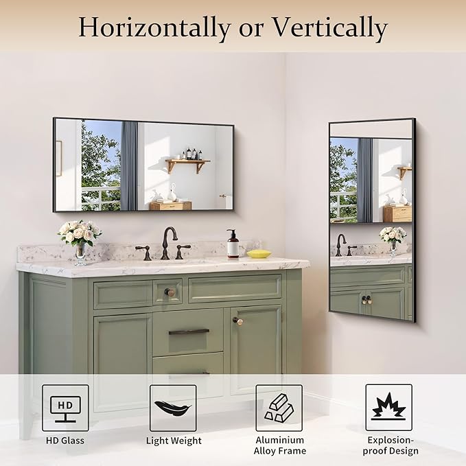 Black Bathroom Mirror for Wall, 20x40 Inch Rectangle Mirror with Metal Frame, Modern Vanity Mirrors for Bathroom Living Room, Entryway Hangs Horizontal or Vertical