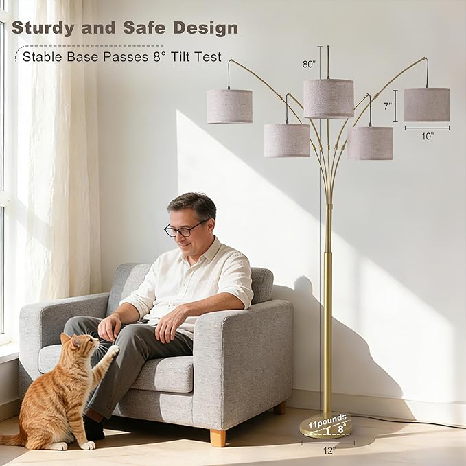 Fansdrick Gold Floor Lamps for Living Room, 4000LM Super Bright Arc Floor Lamp with Remote Control, Large Tall Floor Lamps with Stepless Dimmable, 80" Mid Century Tree Floor Lamp for Bedroom, Office