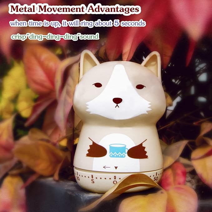 NUOSWEK Mechanical Kitchen Timer, Cute Animal Timer for Kids, Wind Up 60 Minutes Manual Countdown Timer for Classroom, Home, Study and Cooking (Beige Wolf)
