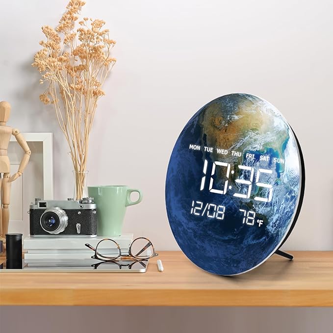 HOMLOVE Digital Wall Clock with Large LED Display, Earth Modern Electric Wall Clock [Plug-in] for All Room, Home, Office, (Earth, 12.59 INCH)