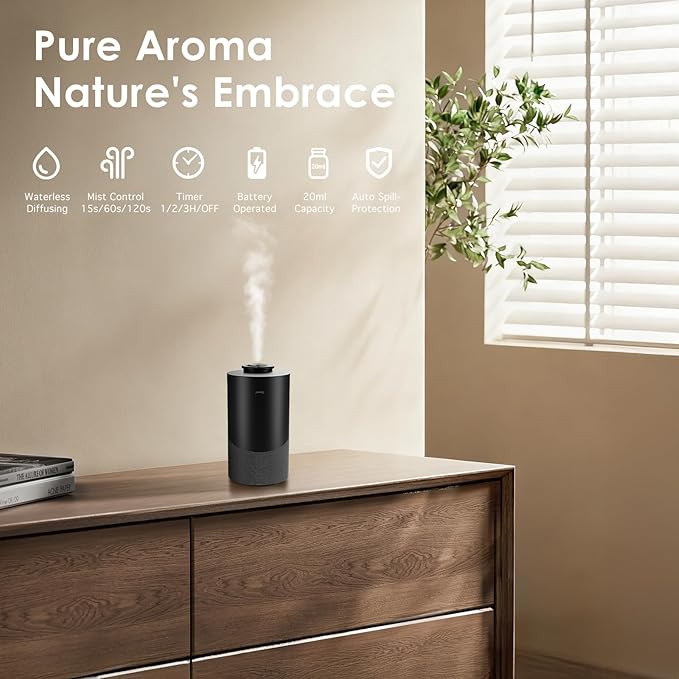 Waterless Essential Oil Diffuser for Home (Aluminum Alloy & Fabric) - Cordless Car Scent diffuser with 3 Timer & 3 Mist Levels - 2000mAh Battery Operated Scent Air Machine for Room Office Hotel, Black