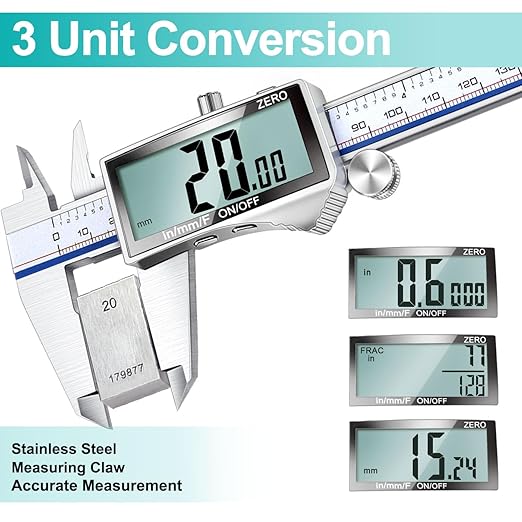 Kynup Digital Caliper Measuring Tool, Vernier Dial Caliper Digital Outside Micrometer, 6 Inch Caliper DIY Tool, Stainless Steel, Large Screen, Splash Proof, Inch Metric Fraction Switch