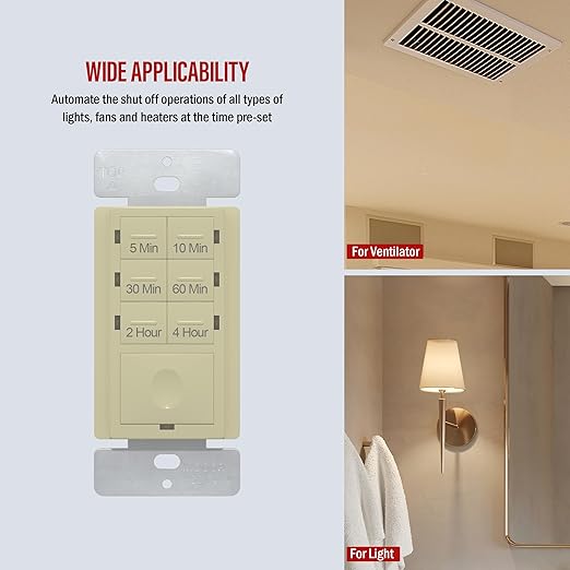 ENERLITES 4-Hour Countdown Timer Switch, 5-10-30-60 Min, 2-4 Hour, for Bathroom Fans, Heaters, Lights, LED Indicator, 120VAC 800W, No Neutral Wire Required, UL Listed, HET06-J-I, Ivory