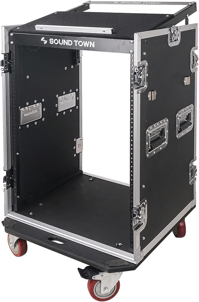 Sound Town Heavy-Duty 1/2" (12mm) Plywood 16U PA DJ Rack/Road ATA Case with 11U Slant Mixer Top, 20" Rackable Depth, 2 DJ Work Tables and Casters, Pro Tour Grade (STMR-16UWT2)