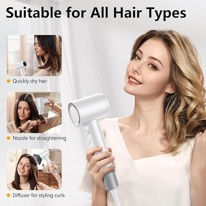 Hair Dryer, 160000 RPM Professional High-Speed Blow Dryer 500 Millions Negative Ionic Care Hair Dryer for Fast Drying, Low Noise Thermo-Control Hairdryer, Travel with Magnetic Diffuser & Nozzle, White