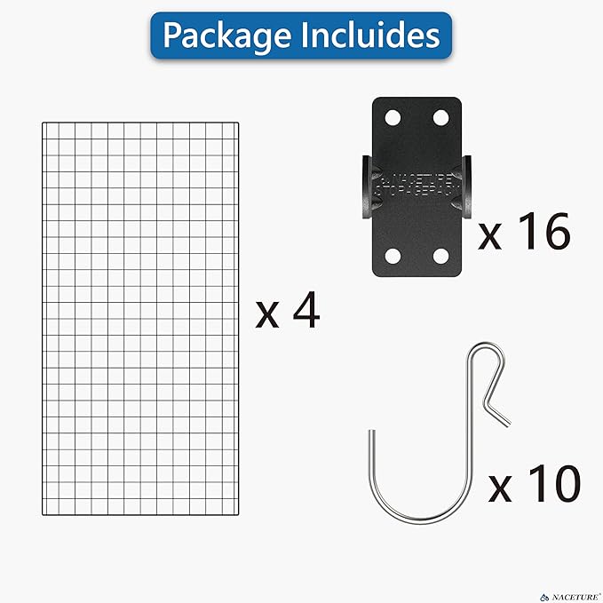 NACETURE Grid Wall Panels- 4 Pcs 2x4 ft Black Grid Wall Panel Display with 16 Gridwall Hooks & 10 S-Hooks, Space Saving Wire Mesh Panels for Retail, Garage, Home & Office Storage